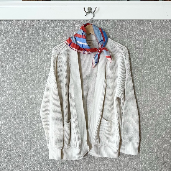 Open Front Waffle Knit Sweater Cardigan w/ Pocket
